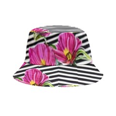 Pink Flowers Black Stripes Bucket Hat by GardenOfOphir