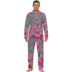 Pink Flowers Black Stripes Men s Long Sleeve Velvet Pocket Pajamas Set