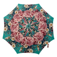 Coral Blush Rose On Teal Hook Handle Umbrellas (small) by GardenOfOphir