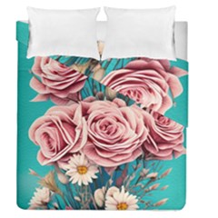 Coral Blush Rose On Teal Duvet Cover Double Side (queen Size) by GardenOfOphir