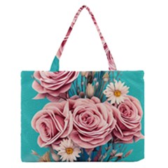 Coral Blush Rose On Teal Zipper Medium Tote Bag by GardenOfOphir