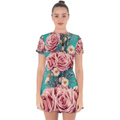 Coral Blush Rose On Teal Drop Hem Mini Chiffon Dress by GardenOfOphir