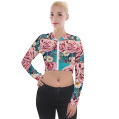 Coral Blush Rose On Teal Long Sleeve Cropped Velvet Jacket