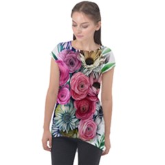 Charming Watercolor Flowers Cap Sleeve High Low Top