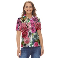 Charming Watercolor Flowers Women s Short Sleeve Double Pocket Shirt
