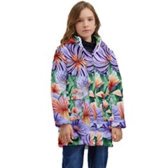 Amazing Watercolor Flowers Kid s Hooded Longline Puffer Jacket by GardenOfOphir