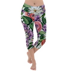 Brilliant Blushing Blossoms Lightweight Velour Capri Yoga Leggings by GardenOfOphir