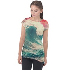 Storm Tsunami Waves Ocean Sea Nautical Nature Painting Cap Sleeve High Low Top by Ravend