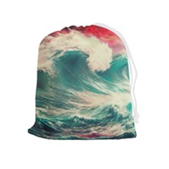 Storm Tsunami Waves Ocean Sea Nautical Nature Painting Drawstring Pouch (xl) by Ravend