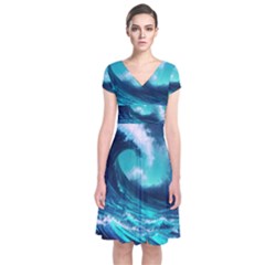Tsunami Tidal Wave Ocean Waves Sea Nature Water Short Sleeve Front Wrap Dress