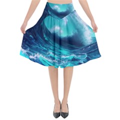 Tsunami Tidal Wave Ocean Waves Sea Nature Water Flared Midi Skirt