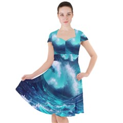 Tsunami Tidal Wave Ocean Waves Sea Nature Water Cap Sleeve Midi Dress by Ravend