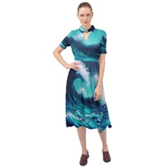 Tsunami Tidal Wave Ocean Waves Sea Nature Water Keyhole Neckline Chiffon Dress by Ravend