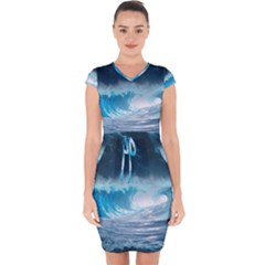 Thunderstorm Storm Tsunami Waves Ocean Sea Capsleeve Drawstring Dress 