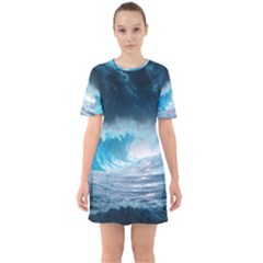 Thunderstorm Storm Tsunami Waves Ocean Sea Sixties Short Sleeve Mini Dress