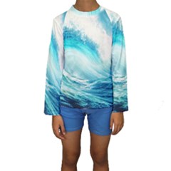 Tsunami Waves Ocean Sea Nautical Nature Water Nature Kids  Long Sleeve Swimwear