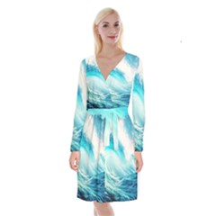 Tsunami Waves Ocean Sea Nautical Nature Water Nature Long Sleeve Velvet Front Wrap Dress