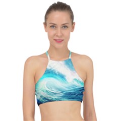 Tsunami Waves Ocean Sea Nautical Nature Water Nature Racer Front Bikini Top by Ravend