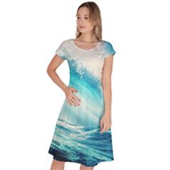 Tsunami Waves Ocean Sea Nautical Nature Water Nature Classic Short Sleeve Dress by Ravend