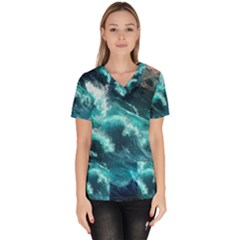 Thunderstorm Tsunami Tidal Wave Ocean Waves Sea Women s V-neck Scrub Top