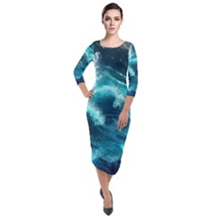 Thunderstorm Tsunami Tidal Wave Ocean Waves Sea Quarter Sleeve Midi Velour Bodycon Dress