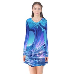Tsunami Tidal Wave Ocean Waves Sea Nature Water Blue Long Sleeve V-neck Flare Dress