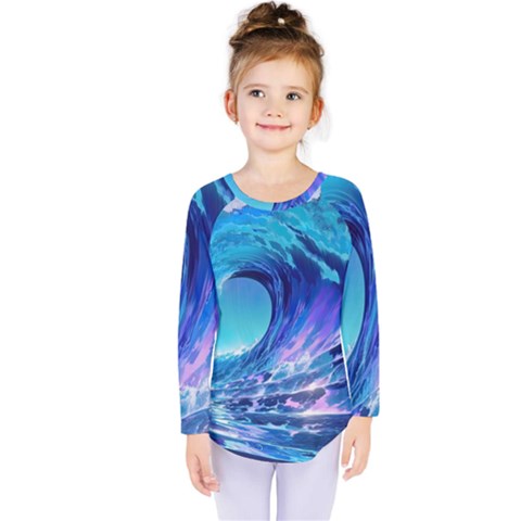 Tsunami Tidal Wave Ocean Waves Sea Nature Water Blue Kids  Long Sleeve Tee by Ravend