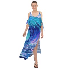 Tsunami Tidal Wave Ocean Waves Sea Nature Water Blue Maxi Chiffon Cover Up Dress