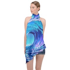 Tsunami Tidal Wave Ocean Waves Sea Nature Water Blue Halter Asymmetric Satin Top