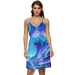 Tsunami Tidal Wave Ocean Waves Sea Nature Water Blue V-neck Pocket Summer Dress 