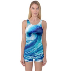 Tsunami Tidal Wave Ocean Waves Sea Nature Water Blue Painting One Piece Boyleg Swimsuit