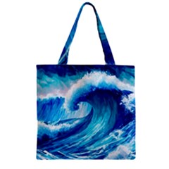 Tsunami Tidal Wave Ocean Waves Sea Nature Water Blue Painting Zipper Grocery Tote Bag by Ravend