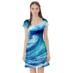 Tsunami Tidal Wave Ocean Waves Sea Nature Water Blue Painting Short Sleeve Skater Dress by Ravend