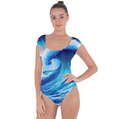 Tsunami Tidal Wave Ocean Waves Sea Nature Water Blue Painting Short Sleeve Leotard 