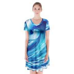 Tsunami Tidal Wave Ocean Waves Sea Nature Water Blue Painting Short Sleeve V-neck Flare Dress