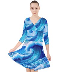 Tsunami Tidal Wave Ocean Waves Sea Nature Water Blue Painting Quarter Sleeve Front Wrap Dress by Ravend