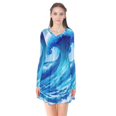 Tsunami Tidal Wave Ocean Waves Sea Nature Water Blue Painting Long Sleeve V-neck Flare Dress by Ravend