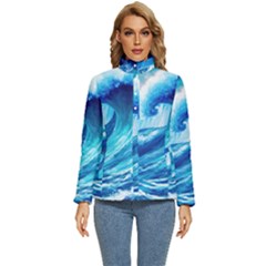 Tsunami Tidal Wave Ocean Waves Sea Nature Water Blue Painting Women s Puffer Bubble Jacket Coat by Ravend
