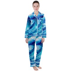 Tsunami Tidal Wave Ocean Waves Sea Nature Water Blue Painting Women s Long Sleeve Satin Pajamas Set	