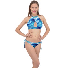 Tsunami Tidal Wave Ocean Waves Sea Nature Water Blue Painting Cross Front Halter Bikini Set