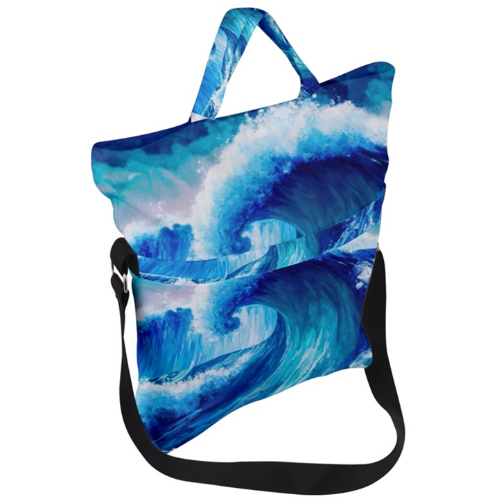 Tsunami Tidal Wave Ocean Waves Sea Nature Water Blue Painting Fold Over Handle Tote Bag