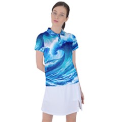 Tsunami Tidal Wave Ocean Waves Sea Nature Water Blue Painting Women s Polo Tee