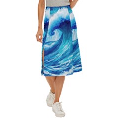 Tsunami Tidal Wave Ocean Waves Sea Nature Water Blue Painting Midi Panel Skirt