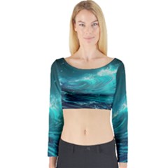 Tsunami Waves Ocean Sea Nautical Nature Water Long Sleeve Crop Top