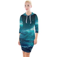 Tsunami Waves Ocean Sea Nautical Nature Water Quarter Sleeve Hood Bodycon Dress by Ravend