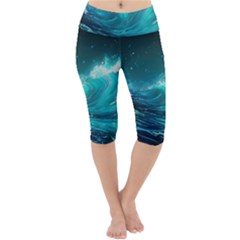 Tsunami Waves Ocean Sea Nautical Nature Water Lightweight Velour Cropped Yoga Leggings by Ravend