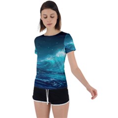 Tsunami Waves Ocean Sea Nautical Nature Water Back Circle Cutout Sports Tee