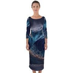 Tsunami Waves Ocean Sea Water Rough Seas 7 Quarter Sleeve Midi Bodycon Dress by Ravend