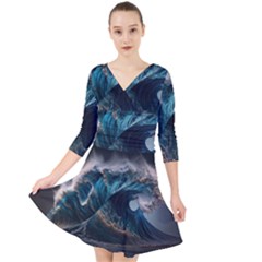 Tsunami Waves Ocean Sea Water Rough Seas 7 Quarter Sleeve Front Wrap Dress by Ravend