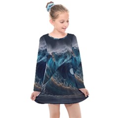 Tsunami Waves Ocean Sea Water Rough Seas 7 Kids  Long Sleeve Dress